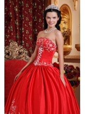 Red Ball Gown Strapless Floor-length Taffeta Embroidery Quinceanera Dress
