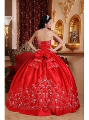 Red Ball Gown Strapless Floor-length Taffeta Embroidery Quinceanera Dress