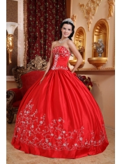 Red Ball Gown Strapless Floor-length Taffeta Embroidery Quinceanera Dress