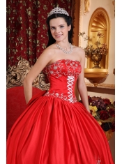 Red Ball Gown Strapless Floor-length Taffeta Embroidery Quinceanera Dress