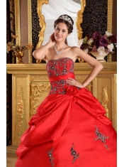 Red Ball Gown Strapless Floor-length Taffeta Embroidery Quinceanera Dress