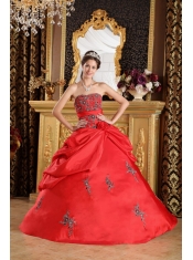 Red Ball Gown Strapless Floor-length Taffeta Embroidery Quinceanera Dress