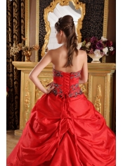 Red Ball Gown Strapless Floor-length Taffeta Embroidery Quinceanera Dress