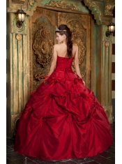 Red Ball Gown Strapless Floor-length Taffeta Hand Made Flowers Quinceanera Dress