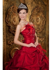 Red Ball Gown Strapless Floor-length Taffeta Hand Made Flowers Quinceanera Dress