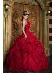 Red Ball Gown Strapless Floor-length Taffeta Hand Made Flowers Quinceanera Dress
