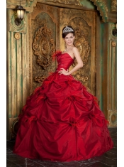 Red Ball Gown Strapless Floor-length Taffeta Hand Made Flowers Quinceanera Dress