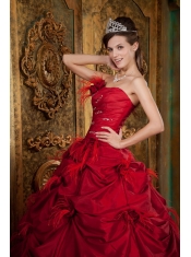 Red Ball Gown Strapless Floor-length Taffeta Hand Made Flowers Quinceanera Dress