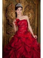 Red Ball Gown Strapless Floor-length Taffeta Hand Made Flowers Quinceanera Dress