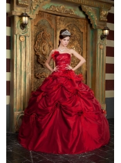 Red Ball Gown Strapless Floor-length Taffeta Hand Made Flowers Quinceanera Dress