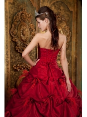 Red Ball Gown Strapless Floor-length Taffeta Hand Made Flowers Quinceanera Dress