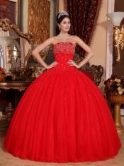 Red Ball Gown Strapless Floor-length Tulle Beading Quinceanera Dress