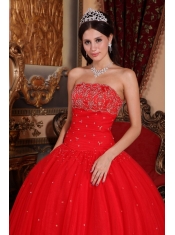 Red Ball Gown Strapless Floor-length Tulle Beading Quinceanera Dress