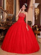 Red Ball Gown Strapless Floor-length Tulle Beading Quinceanera Dress