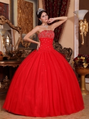 Red Ball Gown Strapless Floor-length Tulle Beading Quinceanera Dress