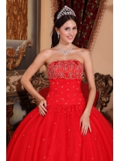 Red Ball Gown Strapless Floor-length Tulle Beading Quinceanera Dress