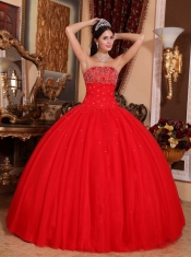 Red Ball Gown Strapless Floor-length Tulle Beading Quinceanera Dress