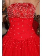 Red Ball Gown Strapless Floor-length Tulle Beading Quinceanera Dress