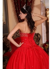 Red Ball Gown Strapless Floor-length Tulle Beading Quinceanera Dress