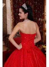 Red Ball Gown Strapless Floor-length Tulle Lace Appliques Quinceanera Dress