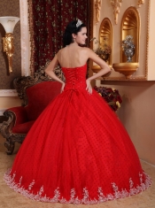 Red Ball Gown Strapless Floor-length Tulle Lace Appliques Quinceanera Dress