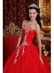 Red Ball Gown Strapless Floor-length Tulle Lace Appliques Quinceanera Dress