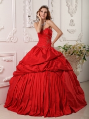 Red Ball Gown Sweetheart Floor-length Beading Taffeta Quinceanera Dress