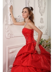 Red Ball Gown Sweetheart Floor-length Beading Taffeta Quinceanera Dress