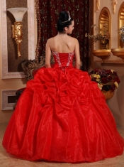 Red Ball Gown Sweetheart Floor-length Organza Appliques Quinceanera Dress