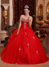 Red Ball Gown Sweetheart Floor-length Organza Appliques Quinceanera Dress