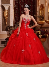 Red Ball Gown Sweetheart Floor-length Organza Appliques Quinceanera Dress