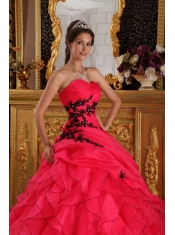 Red Ball Gown Sweetheart Floor-length Organza Appliques Quinceanera Dress