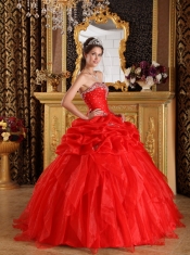 Red Ball Gown Sweetheart Floor-length Organza Appliques with Beading Quinceanera Dress