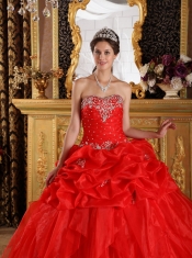 Red Ball Gown Sweetheart Floor-length Organza Appliques with Beading Quinceanera Dress