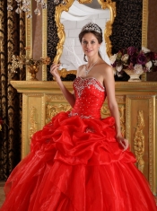 Red Ball Gown Sweetheart Floor-length Organza Appliques with Beading Quinceanera Dress