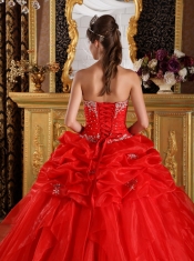 Red Ball Gown Sweetheart Floor-length Organza Appliques with Beading Quinceanera Dress