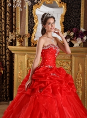 Red Ball Gown Sweetheart Floor-length Organza Appliques with Beading Quinceanera Dress