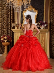 Red Ball Gown Sweetheart Floor-length Organza Appliques with Beading Quinceanera Dress