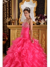 Red Ball Gown Sweetheart Floor-length Organza Beading Quinceanera Dress