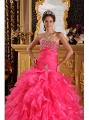 Red Ball Gown Sweetheart Floor-length Organza Beading Quinceanera Dress