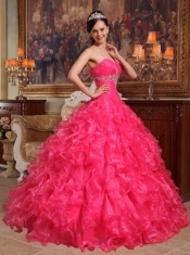 Red Ball Gown Sweetheart Floor-length Organza Beading Quinceanera Dress