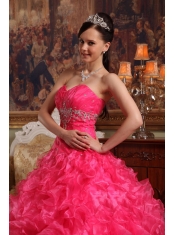 Red Ball Gown Sweetheart Floor-length Organza Beading Quinceanera Dress