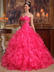 Red Ball Gown Sweetheart Floor-length Organza Beading Quinceanera Dress