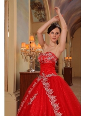 Red Ball Gown Sweetheart Floor-length Organza Embroidery and Beading Quinceanera Dress