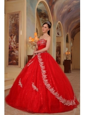 Red Ball Gown Sweetheart Floor-length Organza Embroidery and Beading Quinceanera Dress