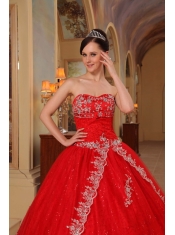 Red Ball Gown Sweetheart Floor-length Organza Embroidery and Beading Quinceanera Dress