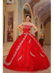 Red Ball Gown Sweetheart Floor-length Organza Embroidery and Beading Quinceanera Dress