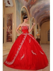 Red Ball Gown Sweetheart Floor-length Organza Embroidery and Beading Quinceanera Dress