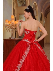 Red Ball Gown Sweetheart Floor-length Organza Embroidery and Beading Quinceanera Dress