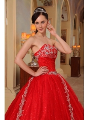 Red Ball Gown Sweetheart Floor-length Organza Embroidery and Beading Quinceanera Dress
